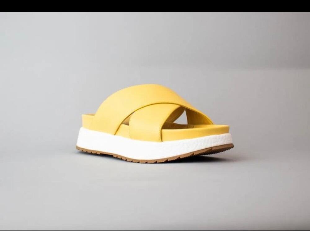 Cecelia New York yellow platform criss cross straps wedge slide mule sandals 8.5